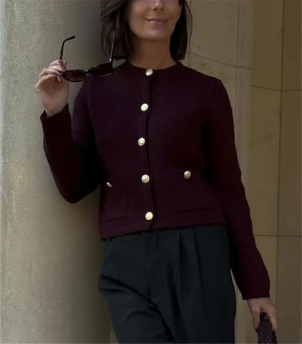 Women's Knitted Top Wine Red O Neck Long Sleeve Pocket Single Breasted Cardigan Coat3