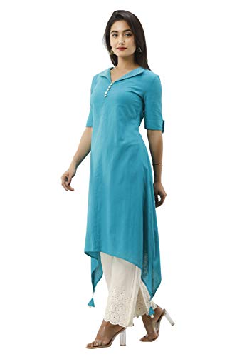 Image of FABRIC FITOOR Women's Cotton Slub Solid Teal Blue Color Embroidered Asymmetric Half Sleeve Kurta