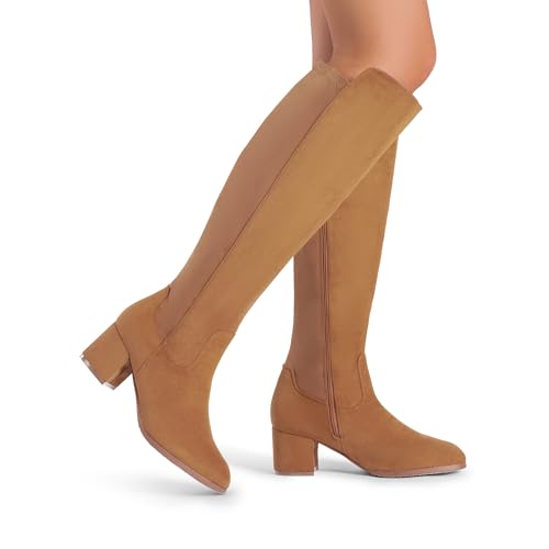 DREAM PAIRS Women's Knee High Stretchy Fashion Boots,Size 6.5,Tan-Suede,JENNIFER-3