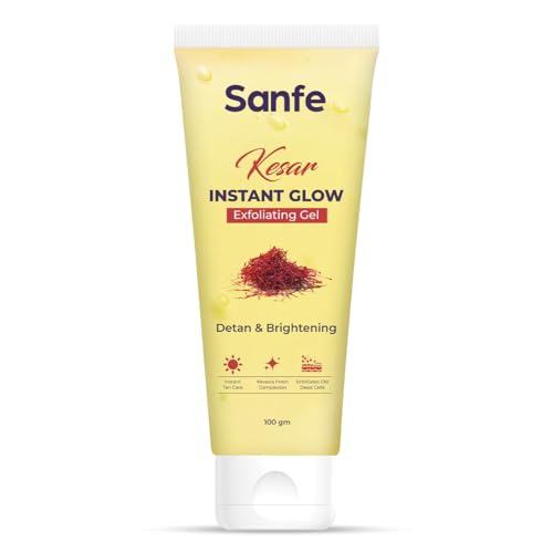 Image of Sanfe Kesar Instant Glow Exfoliating Gel | Visibly removes tan & brighten skin | AHA Exfoliation in Minutes | Smooth & Bright Skin | 100g