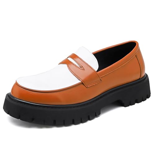 Men's Leather Color Block Chunky Platform Penny Loafers Classic Round Toe Slip-On Lug Sole Business Dress Shoes Daily Work Office Casual Shoes