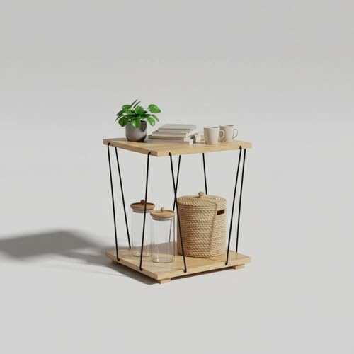 INDE MOBLEKIT | Mesita Auxiliar 2 Alturas de Madera y Metal Negro 31.8x31.8x38.5 cm, Mesa de Noche Compacta con Estante Inferior para Dormitorio o Salón