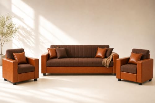 Image of 3+1+1 Sofa Set | 3 Seater Sofa with Two Single Seater Chairs | Premium Fabric & Leatherette Upholstery | Soft Foam Cushions | for Home & Office | Pre-Assembled (Brown and Tan)