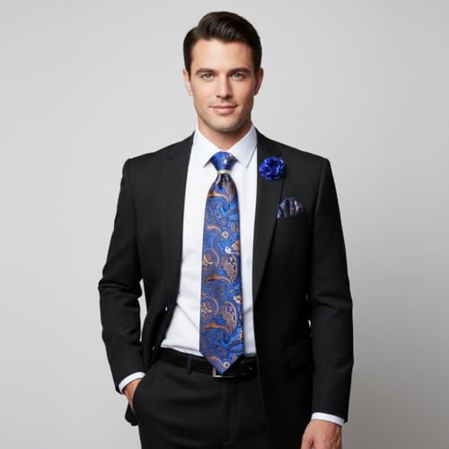 Image of 5PCS Mens Silk Designer Tie, Pocket Square, Cufflinks, Drilled Tie Ring and Lapel Pin Set for Wedding Groom Party