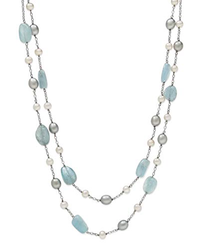 Belacqua Natural Aquamarine or Rose Quartz Cultured Freshwater Pearl Layered Station Necklace in Sterling Silver, Multi-Strand 18" Rolo Chain, Real Pearl Jewelry for Women, Gift Box Included2