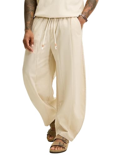 JEMLDL Men's Baggy Linen Cotton Pants Wide Leg Drawstring Pleated Trousers Loose Fit Beach Lounge Vacation Pants Beige X-Large