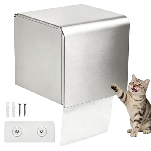 Sskzchh Cat and Dog Proof Covered Toilet Paper Holder Wall Mount, Silver Stainless Steel Waterproof Toilet Paper Tissue Holder/Dispenser with Storage for Bathroom, Self Adhesive or Drilled Use
