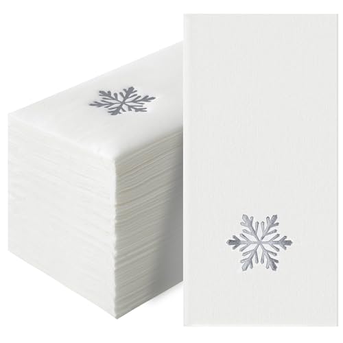 50 Pack Silver Snowflake Napkins Linen-Feel Disposable Guest Towels Winter Snow Napkins for Elegant Dinner Party Table Decor