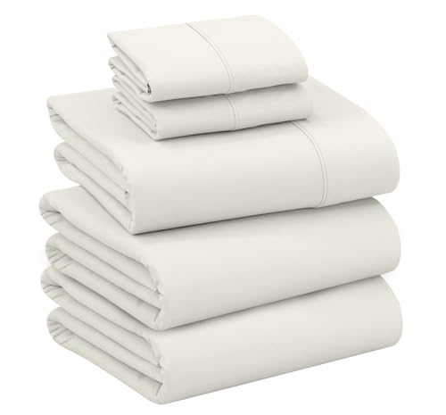 RUVANTI 100% Cotton Split King Sheets Sets for Adjustable Bed, 5 PCs, Soft & Breathable Percale Weave Bedding, Deep Pocket 16", Hotel Standard, Crisp Cool Feel & Durable, Dyed Sheet, Ivory
