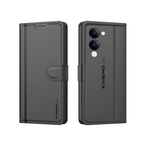 Image of KIVANO LUXE for Vivo T4 Lite 5G / iQOO Z10 Lite 5G / Vivo Y19 / Y19E Luxury Handmade Leather Magnetic Flip Folio Case | Card Holder & Kickstand | Slim Protective Cover | Unisex - Black