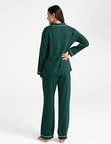Image of Womens Muslin Pajama Set 100% Cotton Double Gauze Linen Like | Breathable Soft Comfort Button Up Loungewear Sleepwear PJ Set