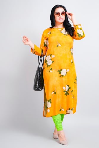 Image of Women Modal Cotton Kurti | Frill On Boat Neck, Print Highlighted with zari and Pearl Work | Straight Kurti | Boat Neck |Three Fourth Designer Sleeves