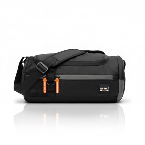 Image of MONKEY TROOPERS Pumppack Unisex Duffle Bag 16L | Polyester, Black | Water-Resistant, Shoe Compartment, 2 Quick Zipper Pockets, Inner Organizer, Gym /Travel Use Dual Handles with Detachable Strap