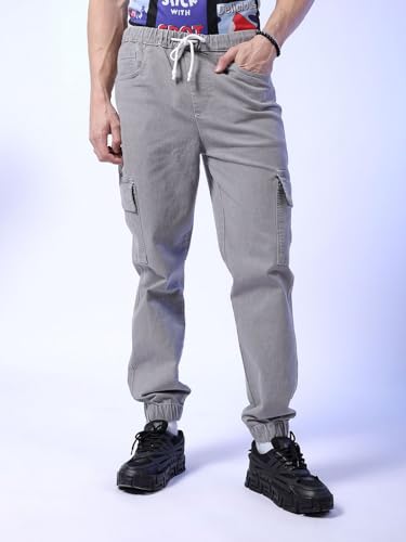 Image of The Indian Garage Co Men Regular Fit Solid Mid-Rise Stretchable Denim Cargo Joggers