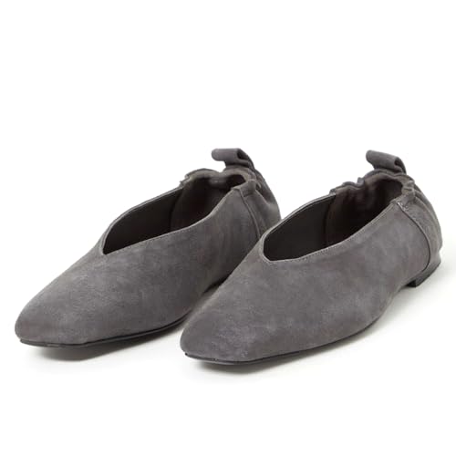 Women's Square Toe Ruched Suede/Matte Leather Ballet Flats Fashion V Shaped Silhouette Slip On Office Dressy Flats for Women Grey Suede Size 8.5