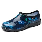 HISEA Waterproof Garden Shoe for Women Outdoor Slip-On Garden Clogs Rubber Rain Boots Short Ankle Booties Rain Shoes with Comfort Insole, Size 9 Blue Flower