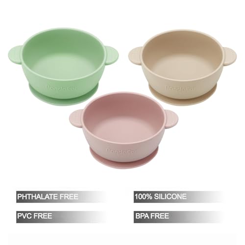 Image of PandaEar 3 Pack Baby Bowls with Suction, Stay Put Silicone Food Bowl | Silicone Toddler Feeding Bowls for Babies Kids Infants, Food Grade Soft Safe BPA-Free Silicone, Pink Green Light Tan