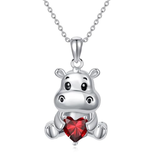 Image of PROESS Animal Birthstone Necklace 925 Sterling Silver Otter /Axolotl /Hippo /Elephant /Dachshund /Monkey /Red Panda Pendant Necklace Animal Birthstone Jewelry Gifts for Women