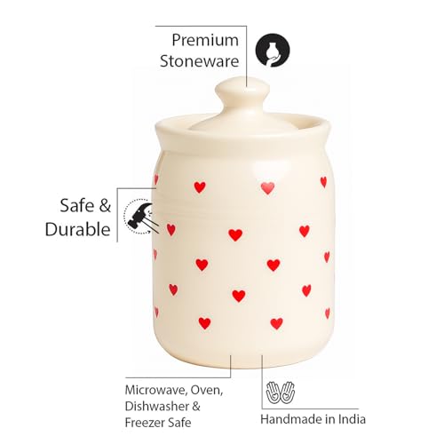 Image of D'Maiolica Ceramic 1000ml Handmade Pickle Jars (set of 2) | Handpainted Heart 1 kg Ceramic Storage Containers | Kitchen Jars for Salt (Set of 2) | Jars for Achar, Spices, Salt (Red HandPainted Heart)