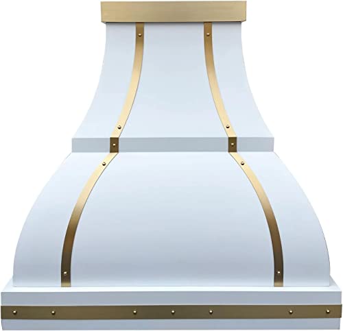 White Stainless Steel Range Hood with Brass Straps and Rivets,