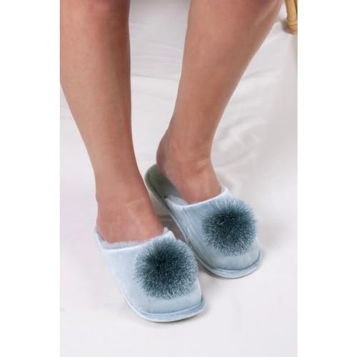 London Women's Faux Fur Mule Slippers Pom Pompon - Coco Duck Egg2