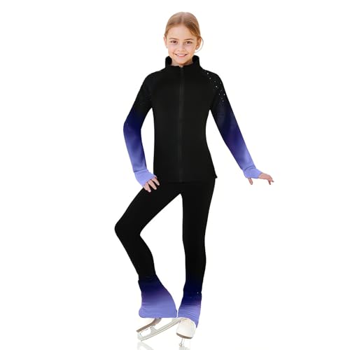 LIUHUO Figure Skating Training Pants Jackets Girls Fleece Shiny Colored Diamond Girl Comfortable Warm Tracksuit Blue