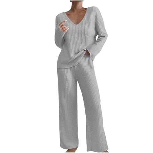Generisch Conjunto de chándal para mujer, largo acanalado, pijama de un solo color, elegante, de manga larga, ropa de dormir de dos piezas, traje de punto suave, para el tiempo libre, Gris 1, S