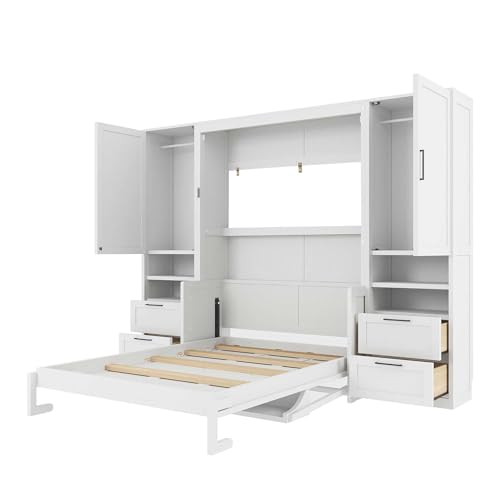 Image of Merax Full Size Murphy Bed with Desk, Closet, Drawers and Shelves, Multifunctional Foldable Wood Platform Bed Frame for Small Spaces Studio Study Office Guest Room, Space-Saving Design, White