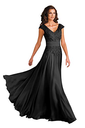 POMUYOO Women's V-Neck Mother of The Bride Dresses Long A-Line Lace Chiffon Formal Dress with Sleeves