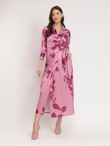 Image of FableStreet Women's Casual Shirt Collar Printed Polyester Midi Dress