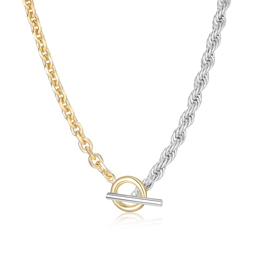 Trendy Two Tone Chain Necklace for Women, Mixed Metal Link Necklaces Designer Dupes Jewelry Gifts for Her (Two Tone A) - Main Image