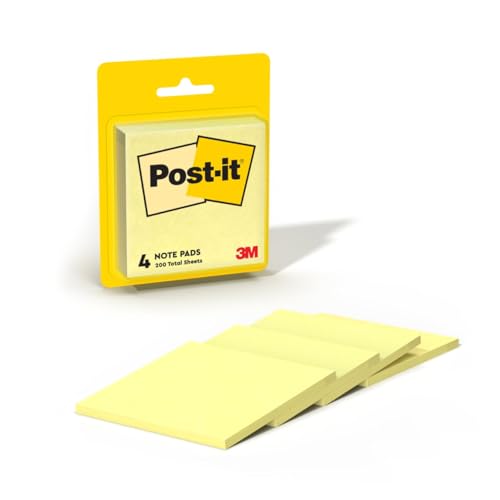 Post-it Notes, 3 in x 3 in, Canary Yellow, 4 Pads/Pack (50 Sheets/Pad, 200 Sheets Total), Standard Adhesive Sticky Notes for Office, School, and Home Use - image 1