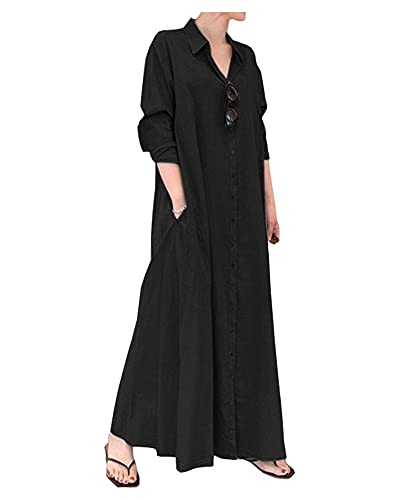 Ladyful Women's Button Down Cotton Linen Shirt Dress Long Sleeve Maxi Shirtdress Beach Summer Dress Pockets