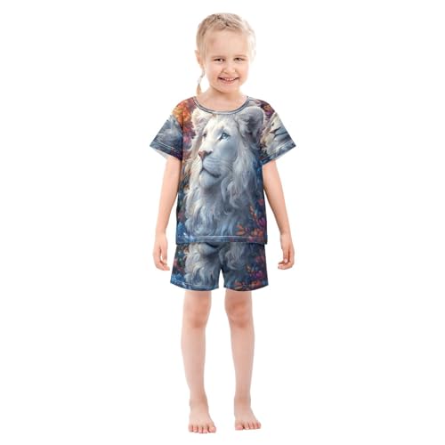 ALAZA Lion Flower Leaf Blossom Pajamas Set Short Sleeve Cotton Sleepwear Summer Pjs 2 Piece 5-14Y3