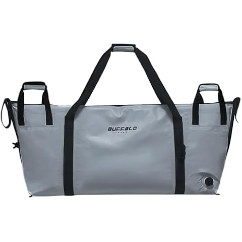 Buffalo Gear Insulated Fish Bag Cooler Flat Bottom,48x20x11in Leakproof Fish Bag for Caught Fish,Waterproof Collapsible Fish Kill Bag for Catfish Salmon Trout Bass, Gray Cover