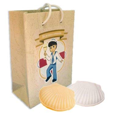 JABON 2 CONCHAS Y BOLSA CON PEGATINA COMUNION BODA BAUTIZO EVENTO CONFIRMACION LOTE 25 unidades Recuerdos. Regalos Originales. Papelería.Detalles de Bodas, mi primera Comuniones, Bautizos, Cumpleaños.