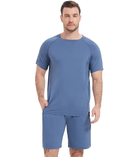Image of NACHILA Men's Pajama Set, Cooling Bamboo Viscose Short Sleeve Top & Shorts