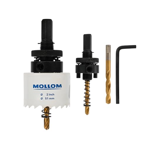 Image of Mollom (51mm | 2") HSS M42 with 8% cobalt BI-Metal Hole Saw with 2 Pilot Drill Bits & Arbor Smooth Cutting for PVC,Drywall,Wood,Plastic,Gypsum Board,Rubber