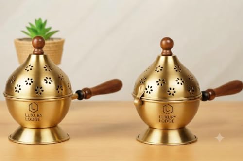 Image of ๐๐๐๐๐๐ ๐๐๐๐๐ Metal Dhoop Holder | Incense Burner | Loban Dani | Dhoop Dani | Metal Loban Dhoop Dani | Dhoop Dani Stand Burner for Puja. (Set of 2 Gold)