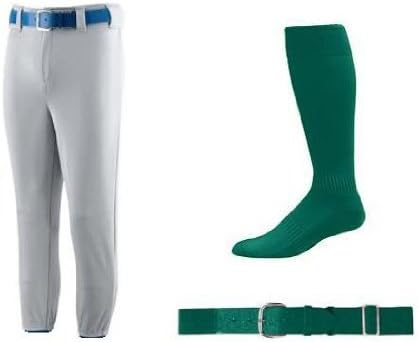 Grey Youth Medium Baseball/Softball Pants with Dark Green Socks & Dark Green Belt
