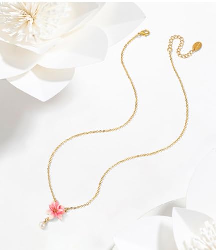 Magnolia Pink Flower And Pearl Enamel Pendant Necklace Handmade Jewelry Gift Juicy Grape3
