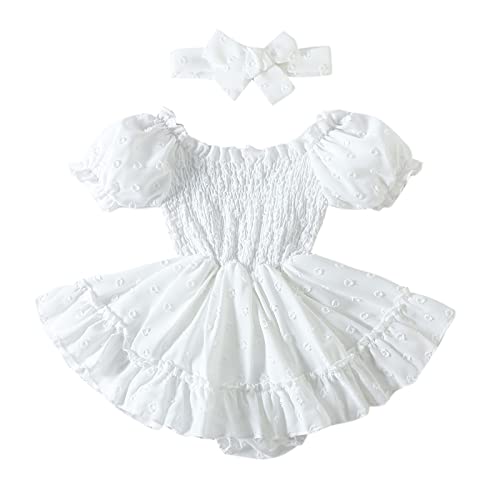 Newborn Baby Girl Bubble Romper Dress Jumpsuit Headband Infant Summer Clothes Easter Toddler First 1st Birthday Outfit Smash Cake Photoshoot Beach Holiday Lace Boho Sunsuit White 3-6 Months