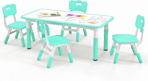 Costzon Kids Table and 4 Chair Set, Height Adjustable Toddler Desk and Chairs with Graffiti Desktop, Non-Slip Legs, Children Art Study Multi-Activity Table Set for Home, Daycare, School (Green)