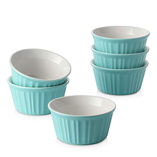 LIFVER Porcelain Ramekins 6 Ounce Ramekins Souffle Cups for Baking Classic Style Souffle Dish Stackable Ramekin Set for Creme Brulees Pudding Salsas Desserts Snacks Oven Safe Set of 6 Blue