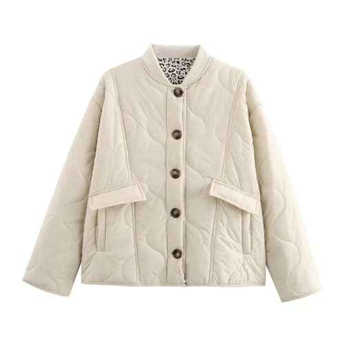 WSQHAO Abrigo acolchado liso informal de otoño for mujer, chaqueta manga larga con una botonadura y bolsillos, ropa abrigo cálida for el invierno Para Mujer(Beige,S)