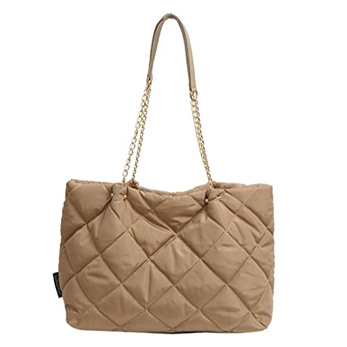 Image of GRPKSSIB Quilted Tote Bag Soft Nylon Shoulder Bag Lightweight Puffer Padding Handbag Puffy Hobo with Chain for Women