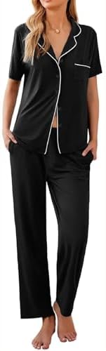 Ekouaer Women Pajamas Set Button Down Sleepwear Short Sleeve Nightwear with Long Pants Soft Pjs Set S-XXL