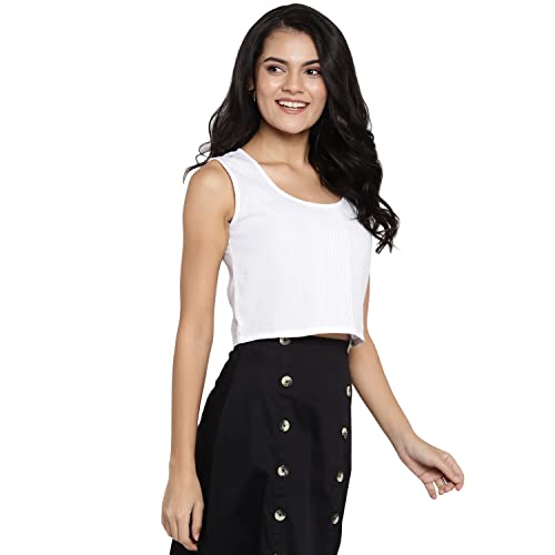 Image of DEEBACO Women's Regular Fit Cotton Pintuck Round Neck Solid Crop Top for Women Stylish Sleeveless One Piece Casual Girl Tops (White, Pink, Mustard)