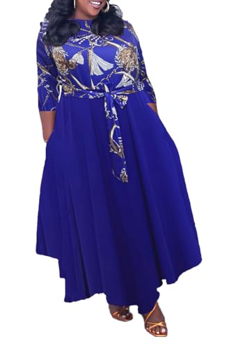 Image of Hostoyo Women Plus Size Formal A Line Maxi Dress Self Tie Waist with Pockets Elegant Round Neck Swing Long Dresses