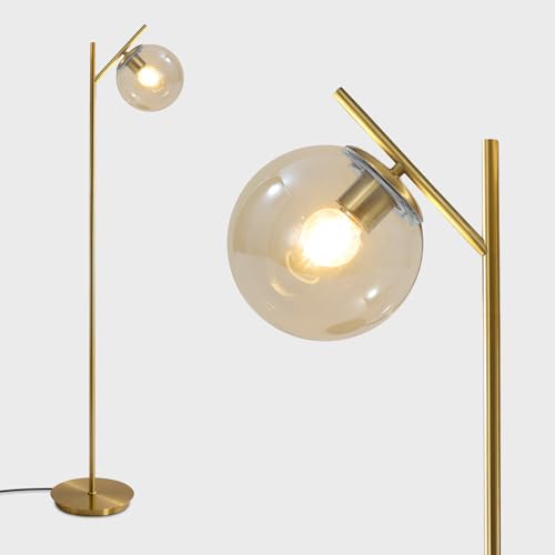 Image of Mid Century Modern Floor Lamp for Living Room Retro Vintage Brass Standing Light Industrial Cognac Glass Globe Floor Freestanding Lamp for Office Hotel Bedroom